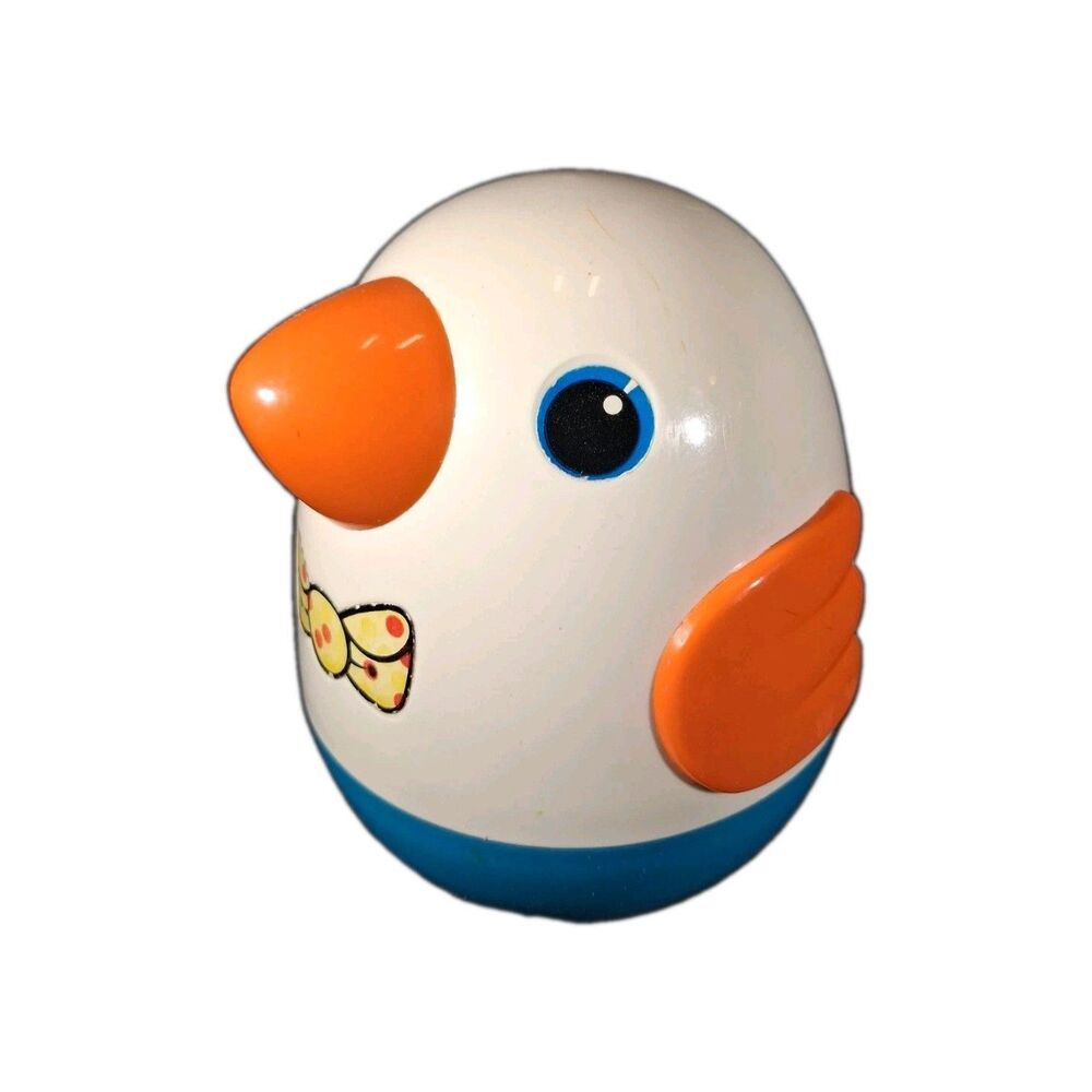 Vintage Playskool Roly Poly Chime Bird Toy Blue White Orange Bowtie Wobble